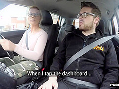 Busty BJ MILF fucked outdoor in car by driving instructor