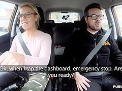 Busty BJ MILF fucked outdoor in car by driving instructor