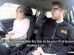 Busty BJ MILF fucked outdoor in car by driving instructor