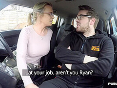 Busty BJ MILF fucked outdoor in car by driving instructor