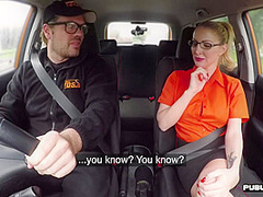 Busty BJ MILF fucks outdoor in car her driving student