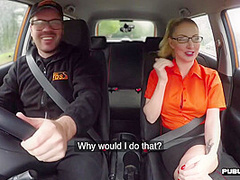 Busty BJ MILF fucks outdoor in car her driving student