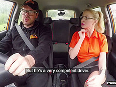 Busty BJ MILF fucks outdoor in car her driving student