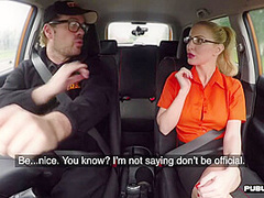 Busty BJ MILF fucks outdoor in car her driving student