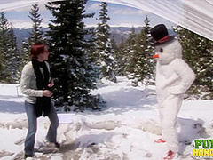 Helpless Brandi de Lafey Strokes A Lonely Snowman - Public Handjobs