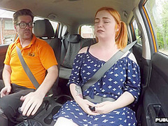 Chubby redhead public fucked in car by driving instructor
