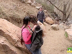 Laura Coryander and Miatsu Kumiko make a new friend in the park - Public Handjobs