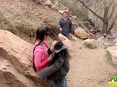 Laura Coryander and Miatsu Kumiko make a new friend in the park - Public Handjobs