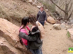 Laura Coryander and Miatsu Kumiko make a new friend in the park - Public Handjobs