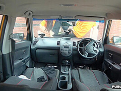 Asian driving student public fucked outdoor in car by tutor