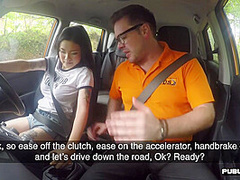 Asian driving student public fucked outdoor in car by tutor