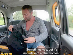 Busty cabdriver MILF rides customer in the cab outdoor