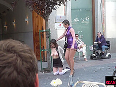 Mistress MILF shows and humiliates public naked sub outdoor