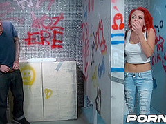 Cock Hungry UK Redhead Billie Rai Fucked Hard in a Public Washroom