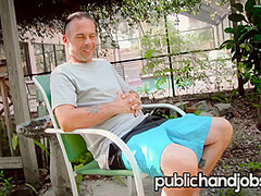 Cute blonde Rebecca Vanguard jerks cock in her backyard - Public Handjobs