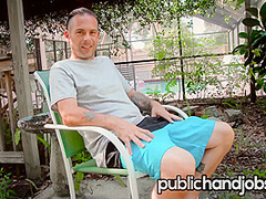 Cute blonde Rebecca Vanguard jerks cock in her backyard - Public Handjobs