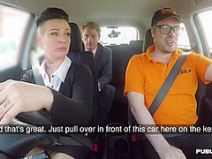 Busty MILF fucked outdoor in the car after driving lesson