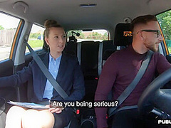 Busty MILF fucked outdoor in the car by driving student