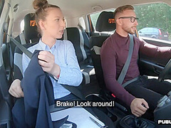 Busty MILF fucked outdoor in the car by driving student