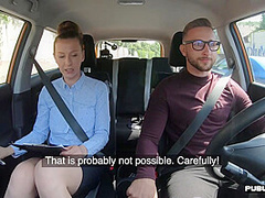 Busty MILF fucked outdoor in the car by driving student