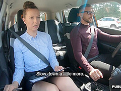 Busty MILF fucked outdoor in the car by driving student