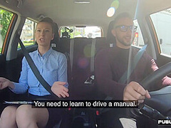 Busty MILF fucked outdoor in the car by driving student