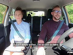 Busty MILF fucked outdoor in the car by driving student