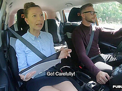 Busty MILF fucked outdoor in the car by driving student