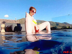 Busty Redhead Wife Masturbates While Outside In The Pool - Red Xxx