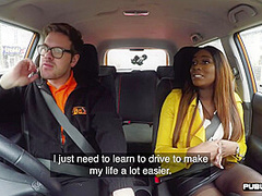 Ebony driving student MILF public fucked in car outdoor