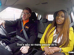 Ebony driving student MILF public fucked in car outdoor