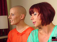 Bald slut in leather harness 3way DP fucked in public