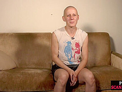 Bald slut in leather harness 3way DP fucked in public