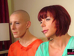 Bald slut in leather harness 3way DP fucked in public