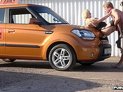 Busty fakeboobs MILFY public fucked in car outdoor by hubby