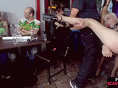 Public slut fucked and pissed in public 3some while sucking