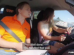 Babe public fucked n licked outdoor in car by driving tutor