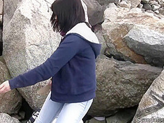 Nerd Brunette Blowjob and cumming beside beach