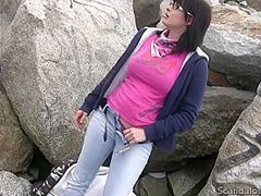 Nerd Brunette Blowjob and cumming beside beach