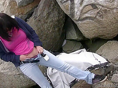 Nerd Brunette Blowjob and cumming beside beach