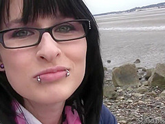 Nerd Brunette Blowjob and cumming beside beach
