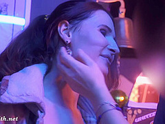 Jeny Smith got naked on the night club entrance. Nude on stairs