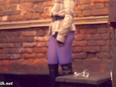 Jeny Smith got naked on the night club entrance. Nude on stairs