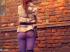 Jeny Smith got naked on the night club entrance. Nude on stairs