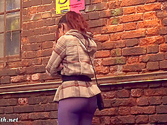 Jeny Smith got naked on the night club entrance. Nude on stairs