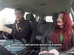 Squirting redhead MILF public fucked in car outdoor