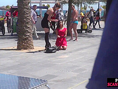 Busty sub babe naked outdoor in public on mistress command