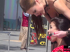 Busty sub babe naked outdoor in public on mistress command