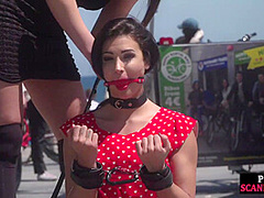 Busty sub babe naked outdoor in public on mistress command