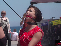 Busty sub babe naked outdoor in public on mistress command